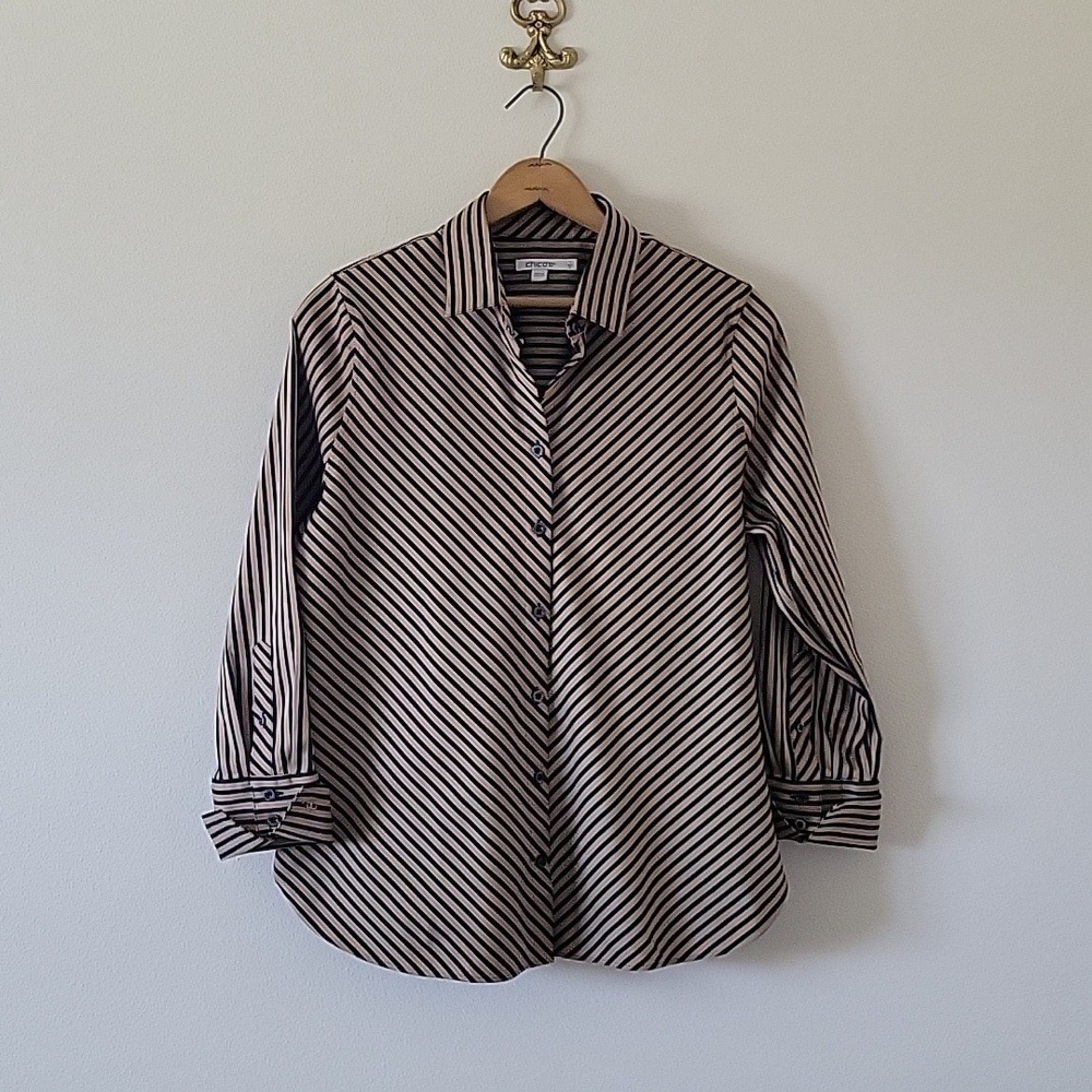 Chico's‎ No Iron Stretch Black Imperial Stripe Shirt Size Medium/8